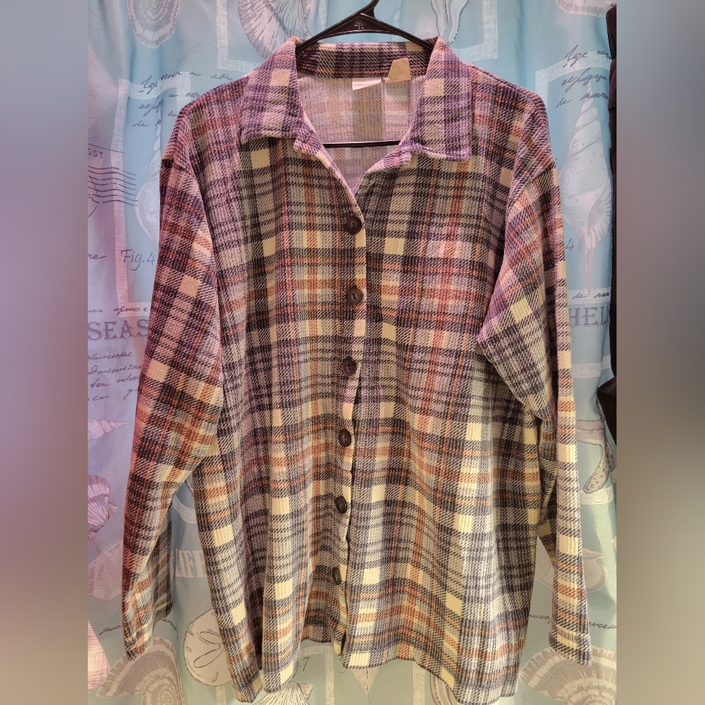 Cherokee Plaid Button-Down Shirt S/M Unisex • Blue Brown Cream Flannel Style